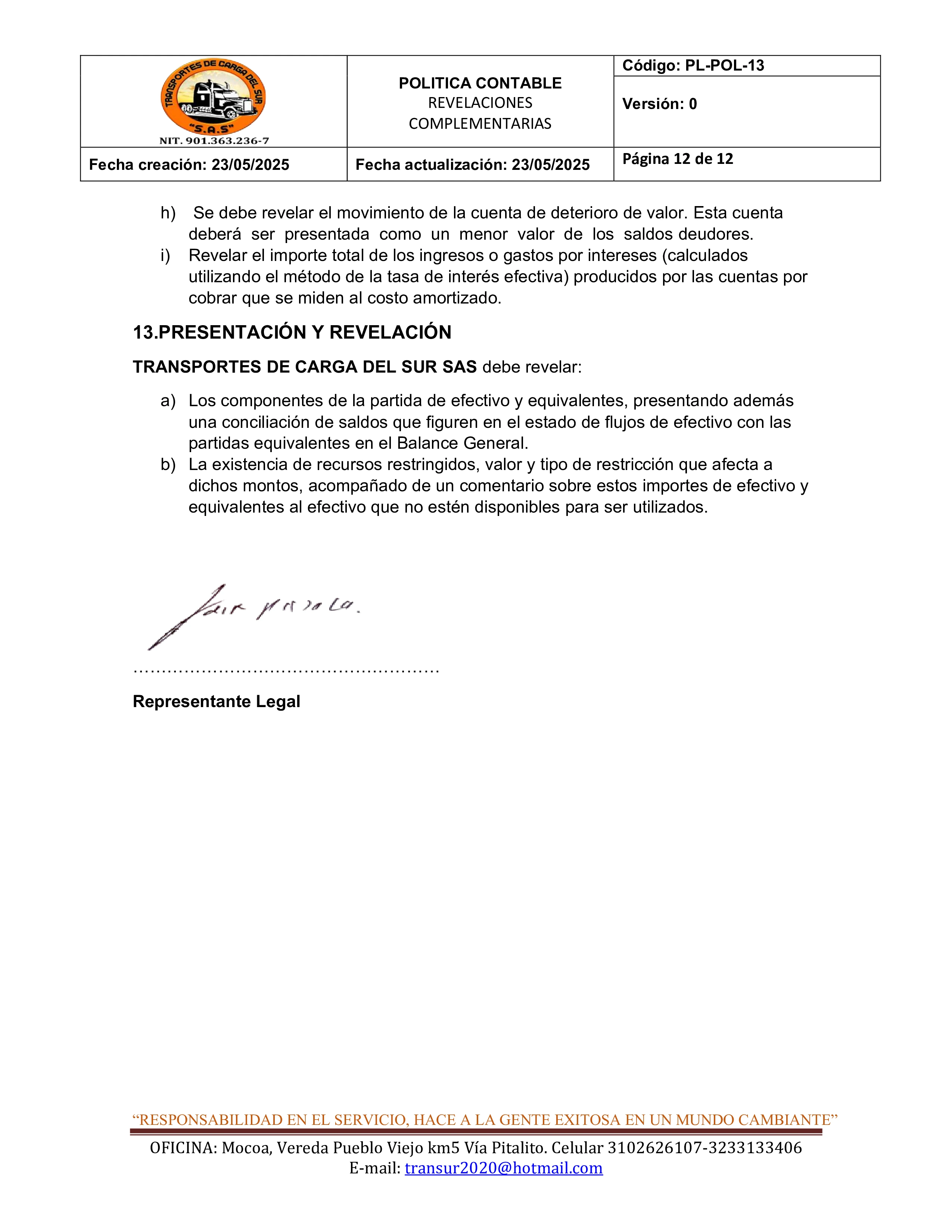 Política Contable Revelaciones Complementarias 12