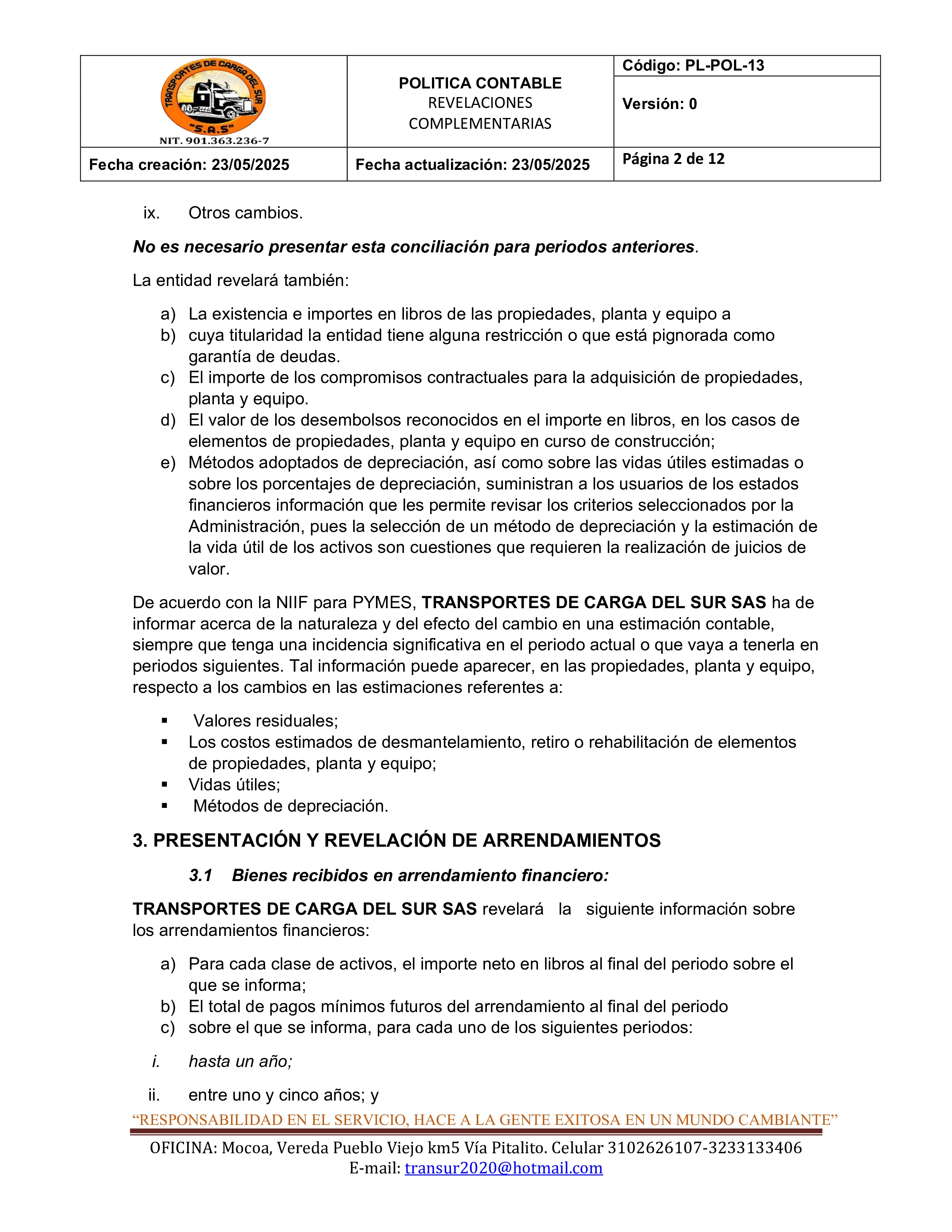 Política Contable Revelaciones Complementarias 2