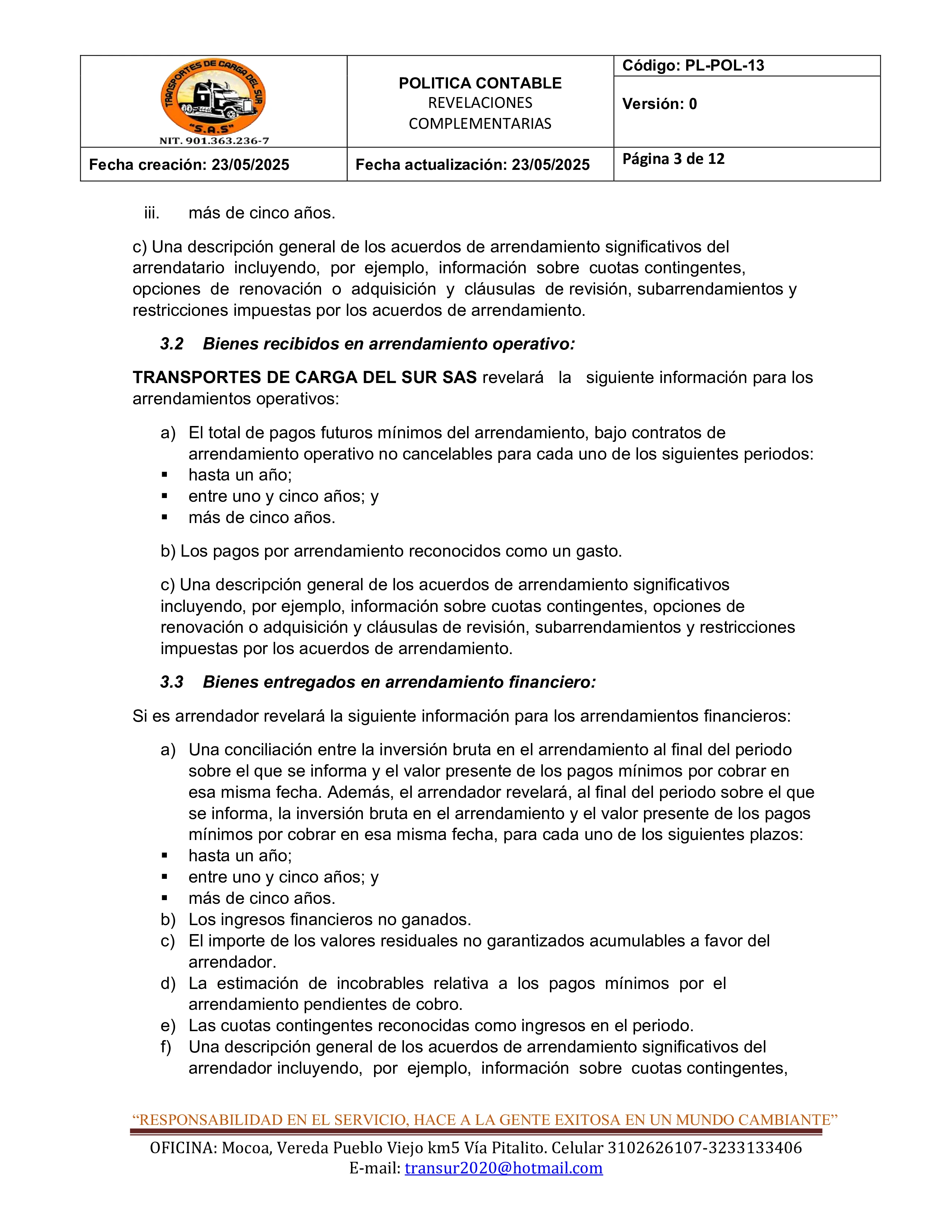 Política Contable Revelaciones Complementarias 3