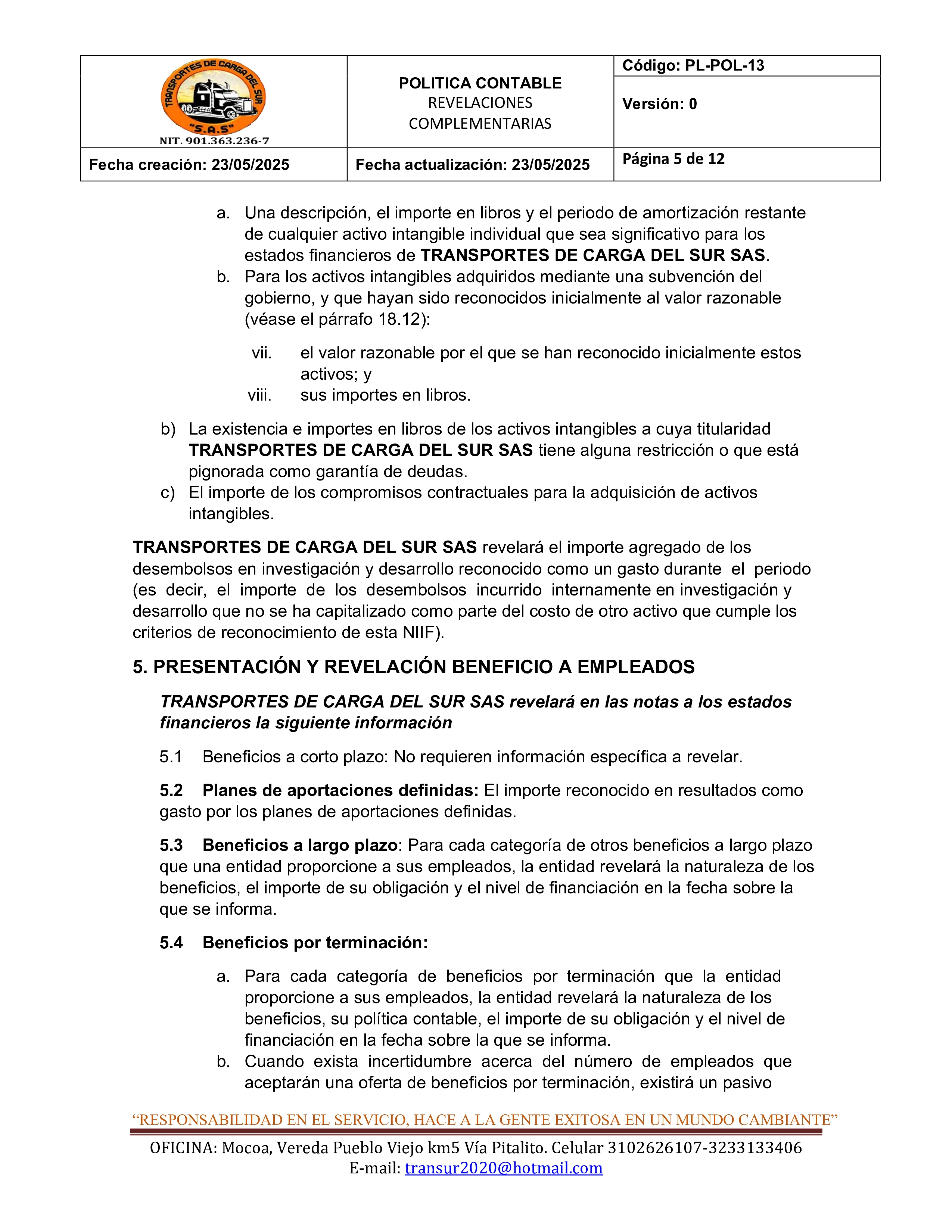 Política Contable Revelaciones Complementarias 5