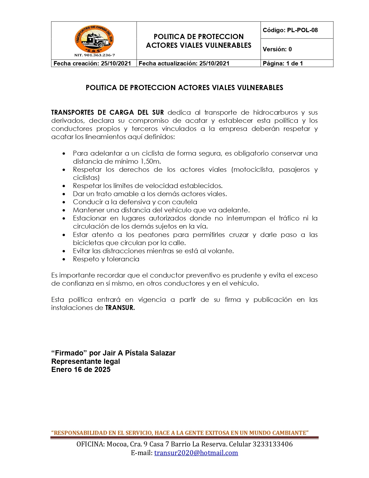 Política de Protección Actores Viales Vulnerables